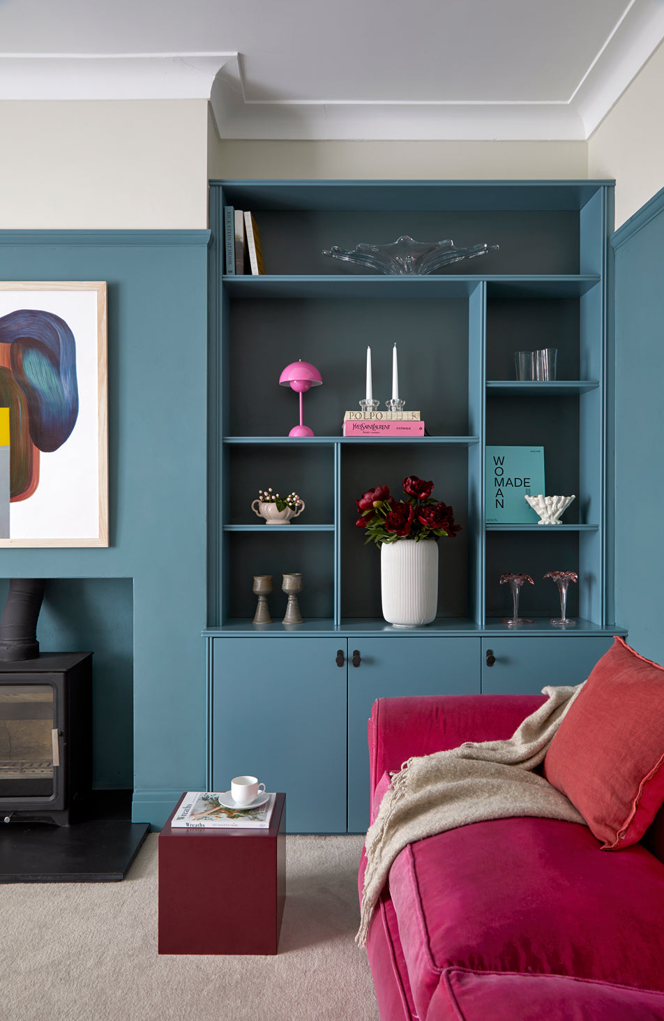 Media wall designs, Media unit ideas, Bespoke media wall, TV joinery Ideas, TV joinery, Living room TV joinery, Bookshelves, alcove cupboards, shelving, Blue gum paint and paper library, pink pop interiors, Ronan Bouroullec, vintage interior styling, media unit styling, blue gum paint, paint and paper library, tv unit ideas, cosy living room ideas, moody living room ideas 
