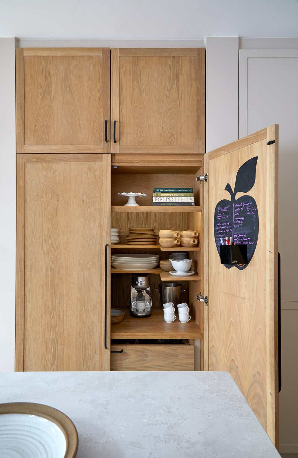 Bespoke Kitchen, Bespoke kitchen design, Bespoke Kitchen south east London, Kitchen design, Minimal kitchen, Minimal kitchen design, Kitchen Island, Kitchen specialist, Shaker kitchen, Shaker style cabinets, Larder, Utility Room, Modern Shaker kitchen, Wine-rack, kitchen ideas, coffee station, kitchen shelving, pendant lights, kitchen stools, french lighting, modern larder ideas, minimal classic larder, larder inspiration, kitchen larder, storage solutions for kitchen