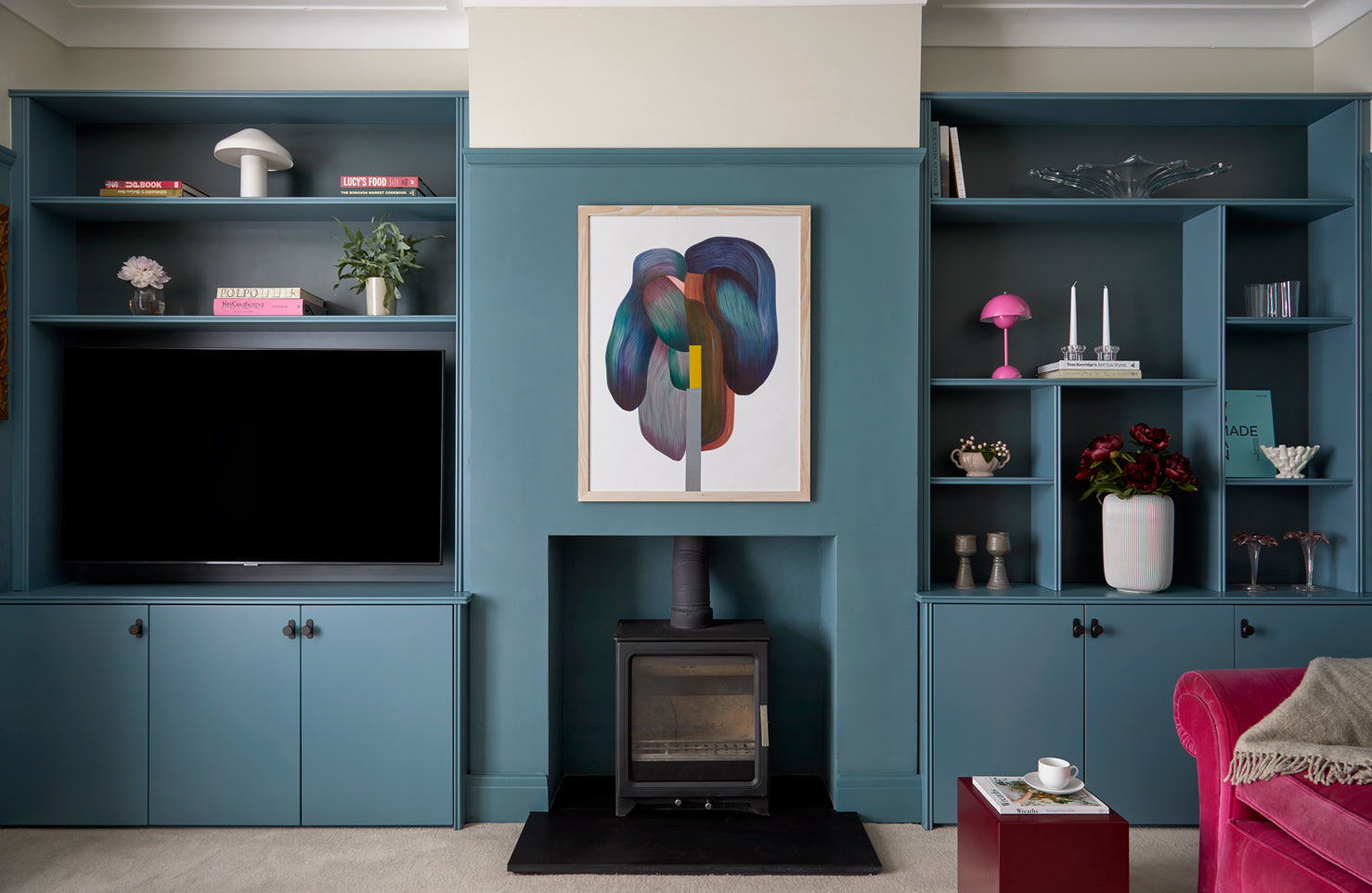 Media wall designs, Media unit ideas, Bespoke media wall, TV joinery Ideas, TV joinery, Living room TV joinery, Bookshelves, alcove cupboards, shelving, Blue gum paint and paper library, pink pop interiors, Ronan Bouroullec, vintage interior styling, media unit styling, blue gum paint, paint and paper library, tv unit ideas, cosy living room ideas, moody living room ideas 