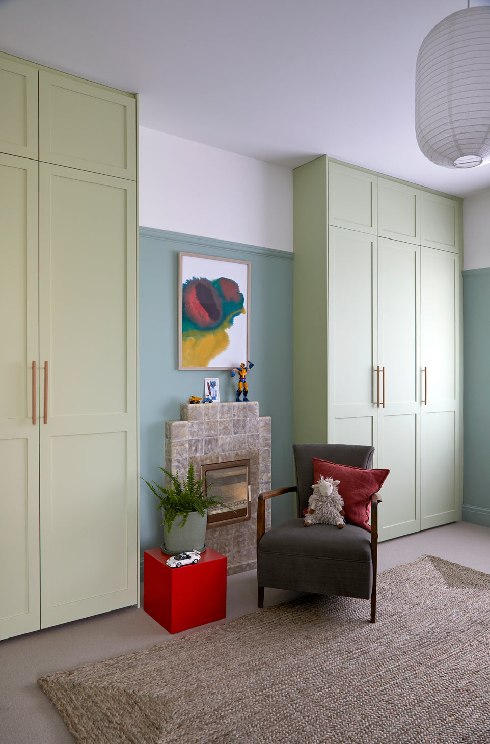 Fitted wardrobes, wardrobes, south east London, bespoke, walk in closet, bedroom storage solutions, made to measure wardrobe, shaker doors, custom made, best joinery London, bespoke wardrobe design, modern joinery, luxury joinery, high end joinery, joinery services, Interior design, bedside table, modern bedroom, bedroom joinery, storage solutions, green wardrobe, pistachio painted wardrobe, double door wardrobes, kids bedroom ideas, pop colour bedroom, pop art, interior draw ideas, wood stained draws, colo