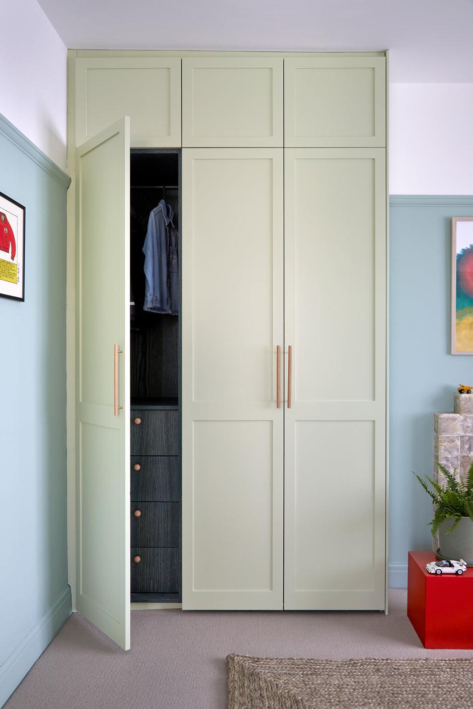 Fitted wardrobes, wardrobes, south east London, bespoke, walk in closet, bedroom storage solutions, made to measure wardrobe, shaker doors, custom made, best joinery London, bespoke wardrobe design, modern joinery, luxury joinery, high end joinery, joinery services, Interior design, bedside table, modern bedroom, bedroom joinery, storage solutions, green wardrobe, pistachio painted wardrobe, double door wardrobes, kids bedroom ideas, pop colour bedroom, pop art, interior draw ideas, wood stained draws, colo