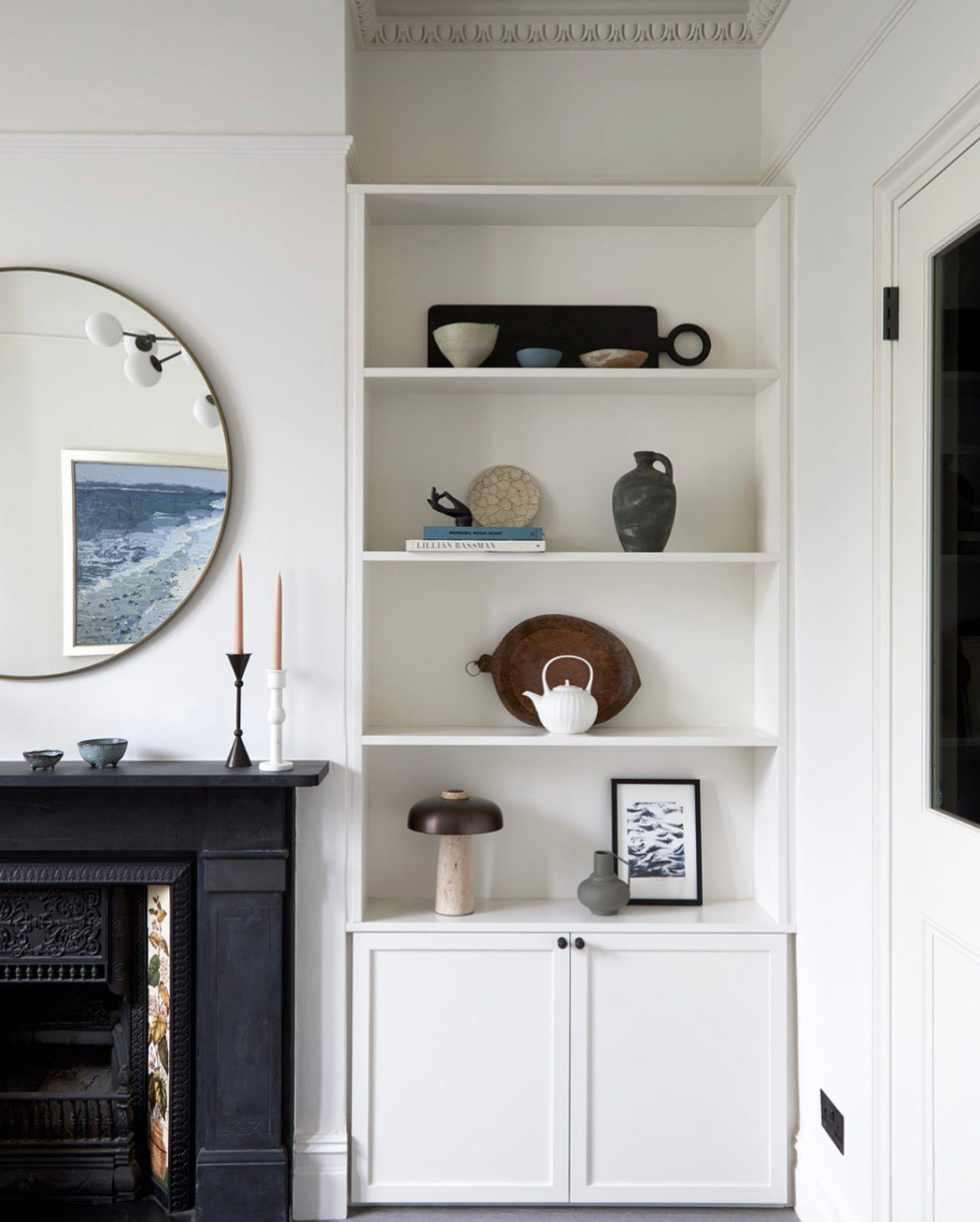 Bookcases, Shelving, Bookshelves, Fitted studies, alcove  joinery, Library, alcove carpentry,  Media wall, hidden storage, storage solutions, TV media walls, mixed material joinery, modern joinery, floating shelves, shaker doors, handle detail, low cupboards, joinery in alcoves, Victorian homes, living room inspiration, living room ideas, alcove ideas, alcove shelves, Victorian living room, Joinery details, joinery design, Interiors inspiration, bedroom, bedroom laundry cupboard, floating shelves, cosy 