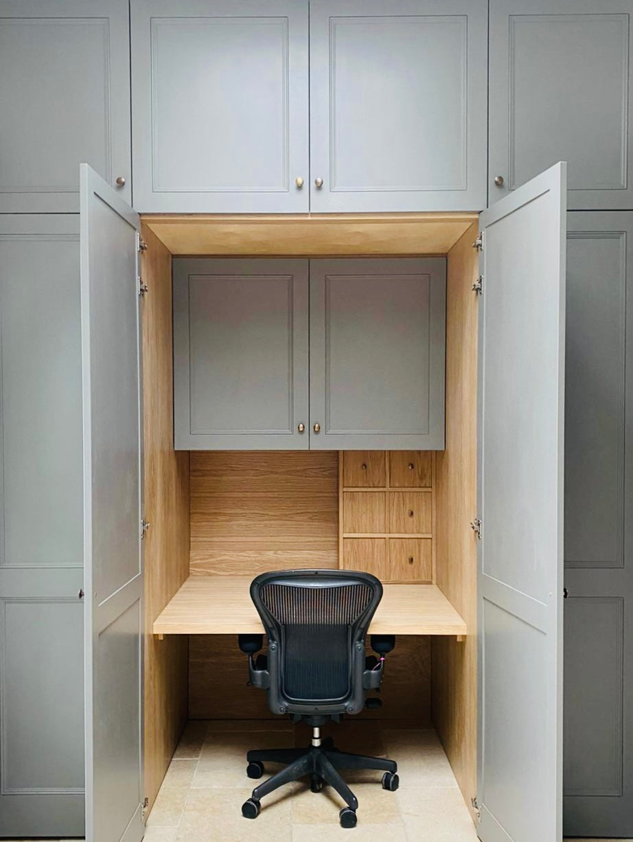 study, study joinery, WFO, desk, desk joinery,  bespoke desk, floating shelves, bookshelves, Libary, alcove joinery, bespoke joiner, south east London, joinery , work stations, office design, work station desk, office ideas, office interior design, study decor, fitted study, Joinery details, interiors inspiration, desk organisation, desk ideas, joinery for small spaces, desk ideas for bedrooms, hidden desk, clever desk ideas, cupboard desk, concealed desk, saving space ideas, grey office, grey office ideas,